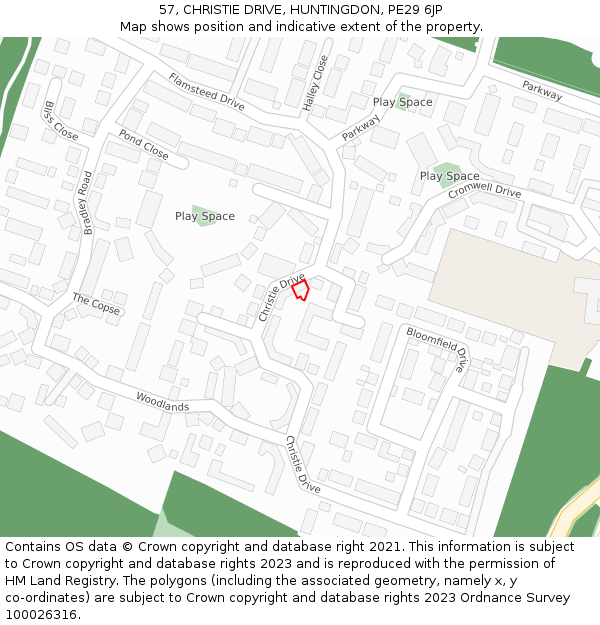 57, CHRISTIE DRIVE, HUNTINGDON, PE29 6JP: Location map and indicative extent of plot