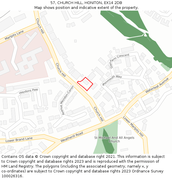 57, CHURCH HILL, HONITON, EX14 2DB: Location map and indicative extent of plot