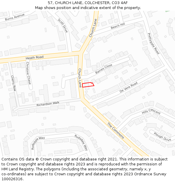57, CHURCH LANE, COLCHESTER, CO3 4AF: Location map and indicative extent of plot