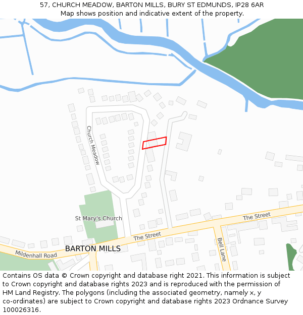 57, CHURCH MEADOW, BARTON MILLS, BURY ST EDMUNDS, IP28 6AR: Location map and indicative extent of plot