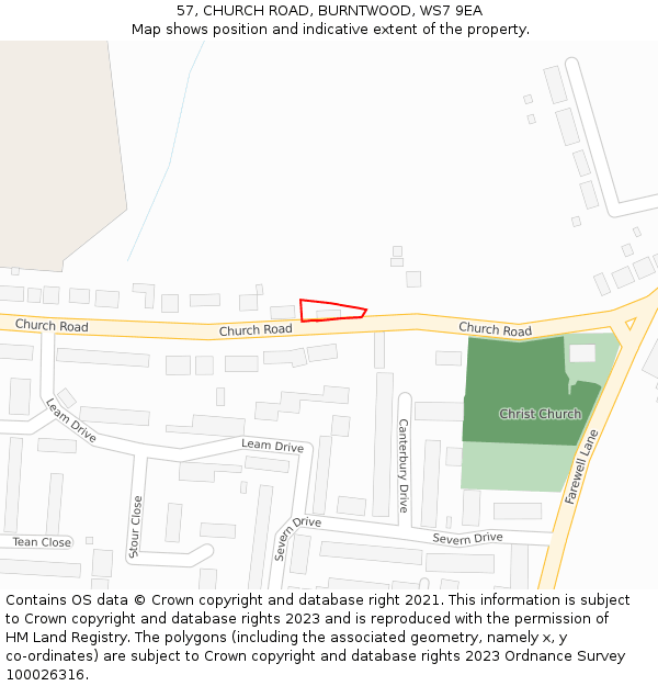 57, CHURCH ROAD, BURNTWOOD, WS7 9EA: Location map and indicative extent of plot