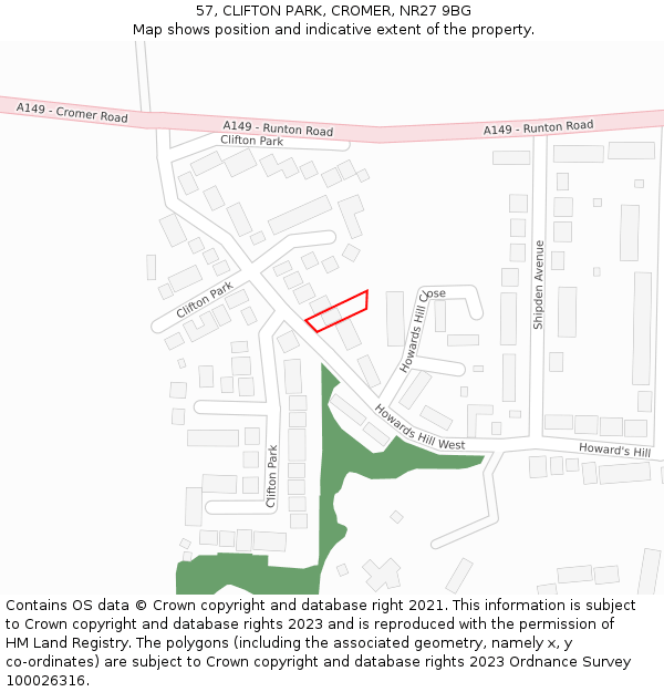 57, CLIFTON PARK, CROMER, NR27 9BG: Location map and indicative extent of plot