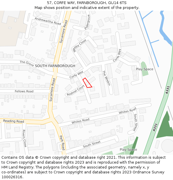 57, CORFE WAY, FARNBOROUGH, GU14 6TS: Location map and indicative extent of plot