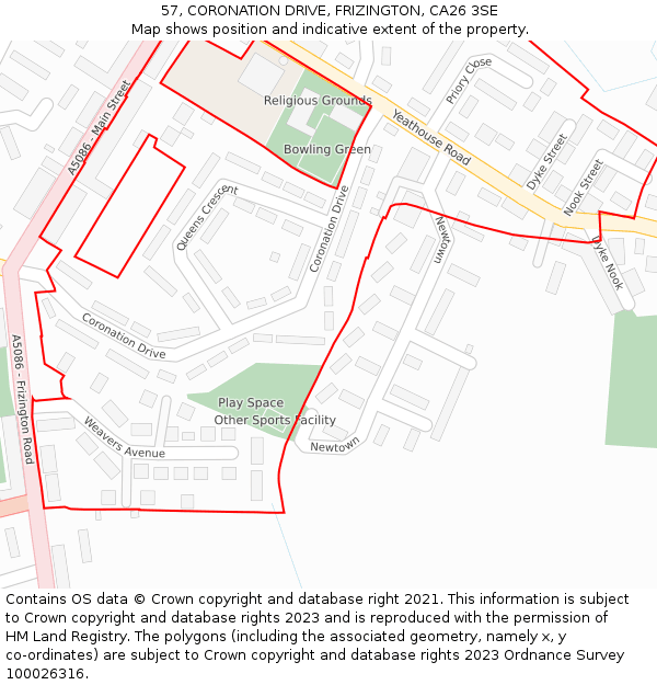 57, CORONATION DRIVE, FRIZINGTON, CA26 3SE: Location map and indicative extent of plot