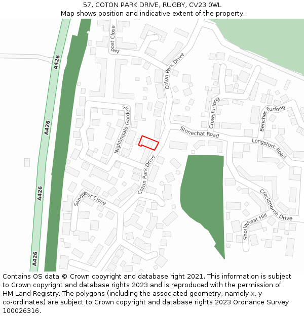57, COTON PARK DRIVE, RUGBY, CV23 0WL: Location map and indicative extent of plot