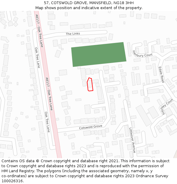 57, COTSWOLD GROVE, MANSFIELD, NG18 3HH: Location map and indicative extent of plot