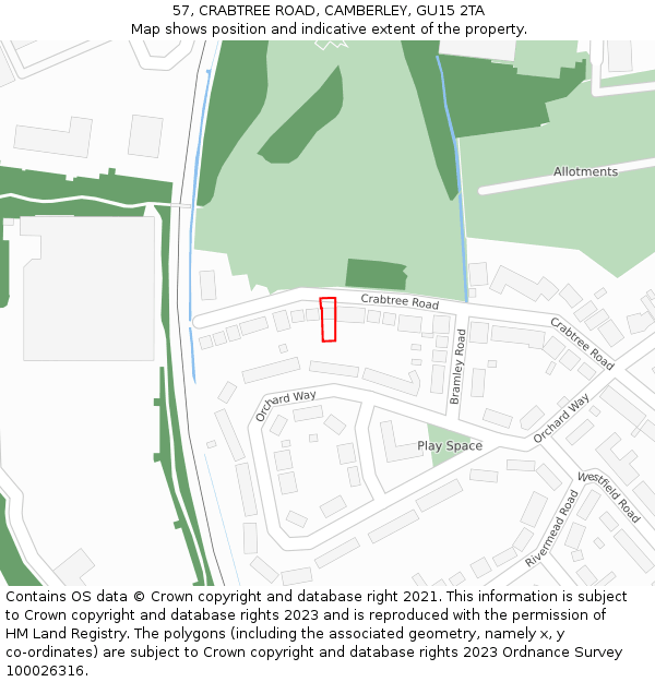 57, CRABTREE ROAD, CAMBERLEY, GU15 2TA: Location map and indicative extent of plot