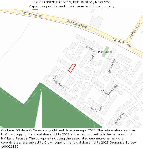 57, CRAGSIDE GARDENS, BEDLINGTON, NE22 5YX: Location map and indicative extent of plot