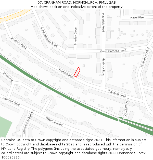 57, CRANHAM ROAD, HORNCHURCH, RM11 2AB: Location map and indicative extent of plot