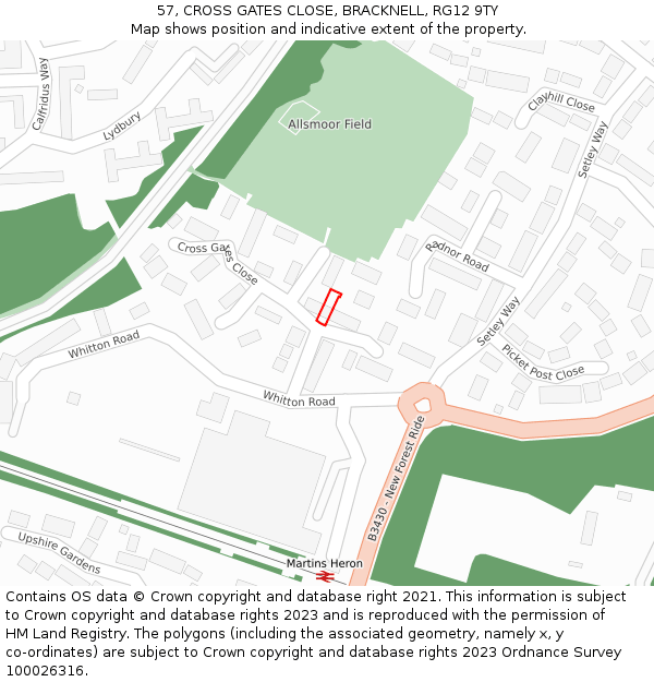 57, CROSS GATES CLOSE, BRACKNELL, RG12 9TY: Location map and indicative extent of plot