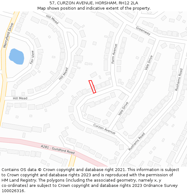 57, CURZON AVENUE, HORSHAM, RH12 2LA: Location map and indicative extent of plot