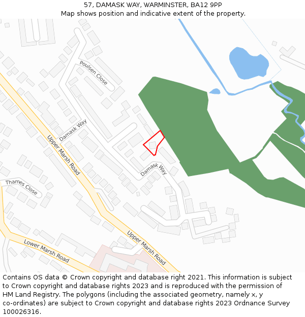 57, DAMASK WAY, WARMINSTER, BA12 9PP: Location map and indicative extent of plot