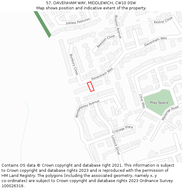 57, DAVENHAM WAY, MIDDLEWICH, CW10 0SW: Location map and indicative extent of plot