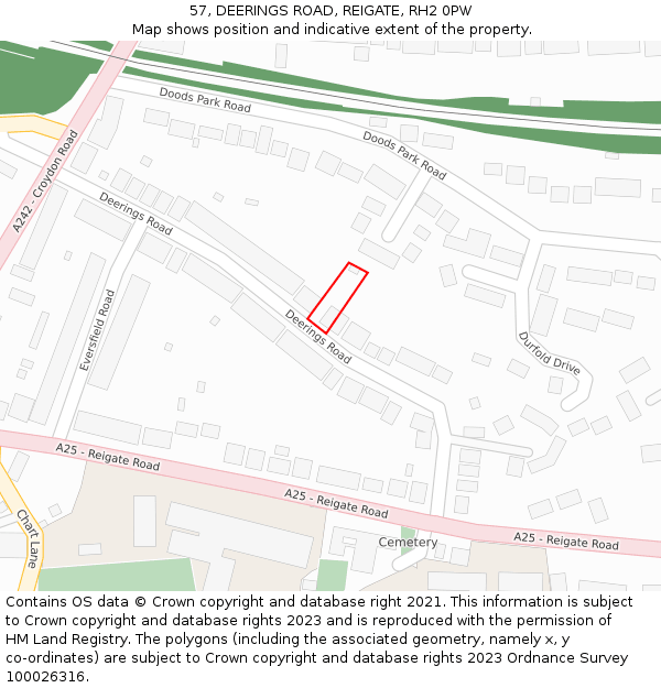 57, DEERINGS ROAD, REIGATE, RH2 0PW: Location map and indicative extent of plot