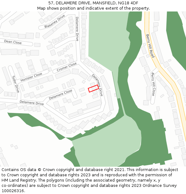 57, DELAMERE DRIVE, MANSFIELD, NG18 4DF: Location map and indicative extent of plot