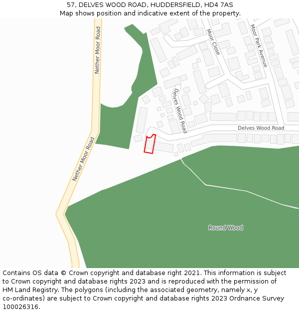 57, DELVES WOOD ROAD, HUDDERSFIELD, HD4 7AS: Location map and indicative extent of plot