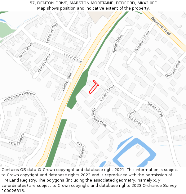 57, DENTON DRIVE, MARSTON MORETAINE, BEDFORD, MK43 0FE: Location map and indicative extent of plot