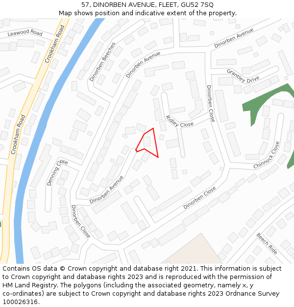 57, DINORBEN AVENUE, FLEET, GU52 7SQ: Location map and indicative extent of plot