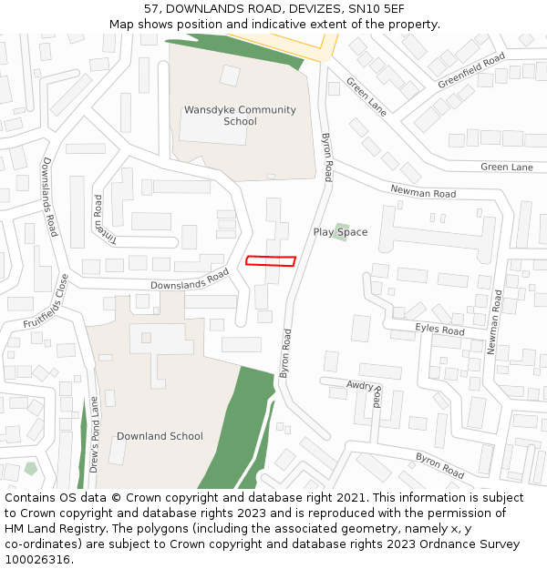 57, DOWNLANDS ROAD, DEVIZES, SN10 5EF: Location map and indicative extent of plot