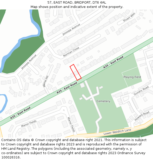 57, EAST ROAD, BRIDPORT, DT6 4AL: Location map and indicative extent of plot