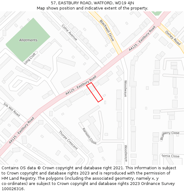 57, EASTBURY ROAD, WATFORD, WD19 4JN: Location map and indicative extent of plot