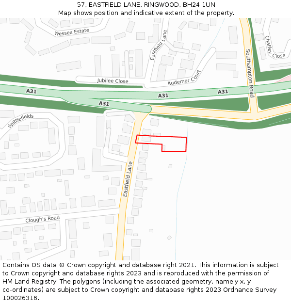 57, EASTFIELD LANE, RINGWOOD, BH24 1UN: Location map and indicative extent of plot