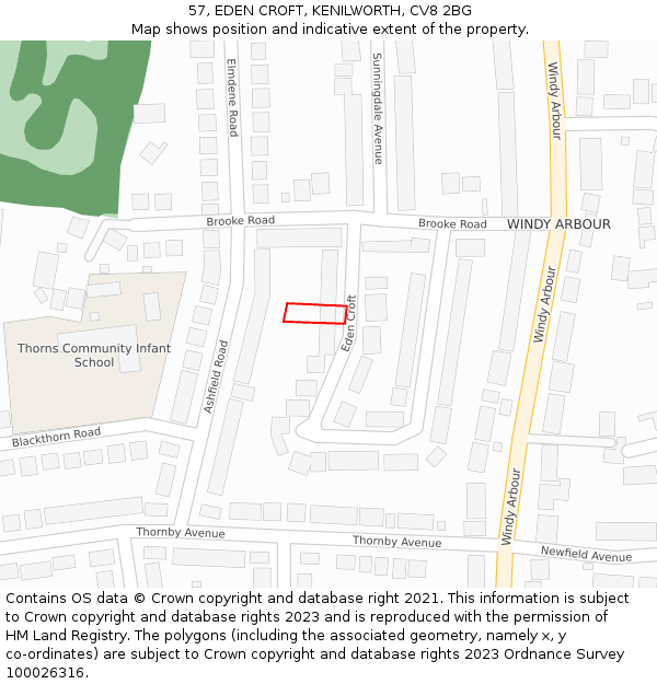 57, EDEN CROFT, KENILWORTH, CV8 2BG: Location map and indicative extent of plot