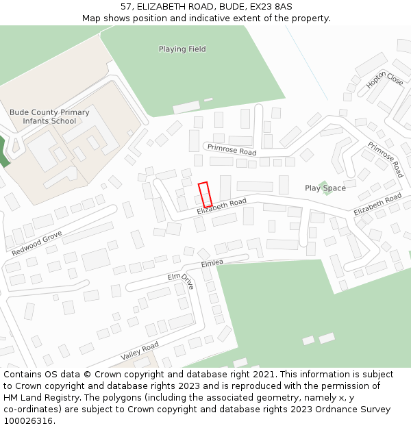 57, ELIZABETH ROAD, BUDE, EX23 8AS: Location map and indicative extent of plot