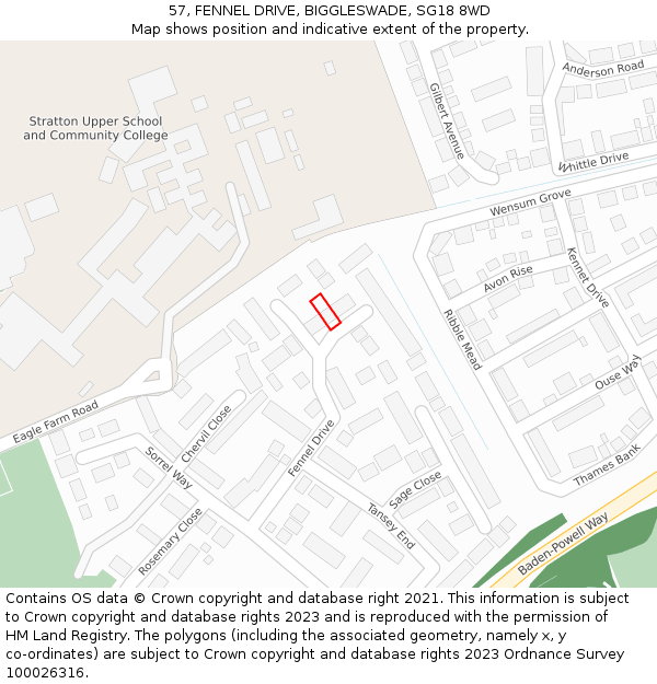 57, FENNEL DRIVE, BIGGLESWADE, SG18 8WD: Location map and indicative extent of plot