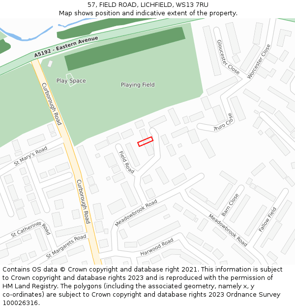57, FIELD ROAD, LICHFIELD, WS13 7RU: Location map and indicative extent of plot