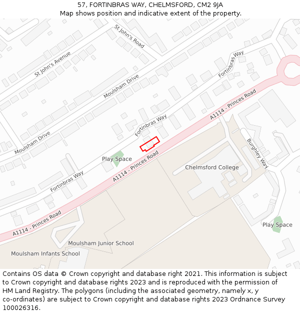 57, FORTINBRAS WAY, CHELMSFORD, CM2 9JA: Location map and indicative extent of plot