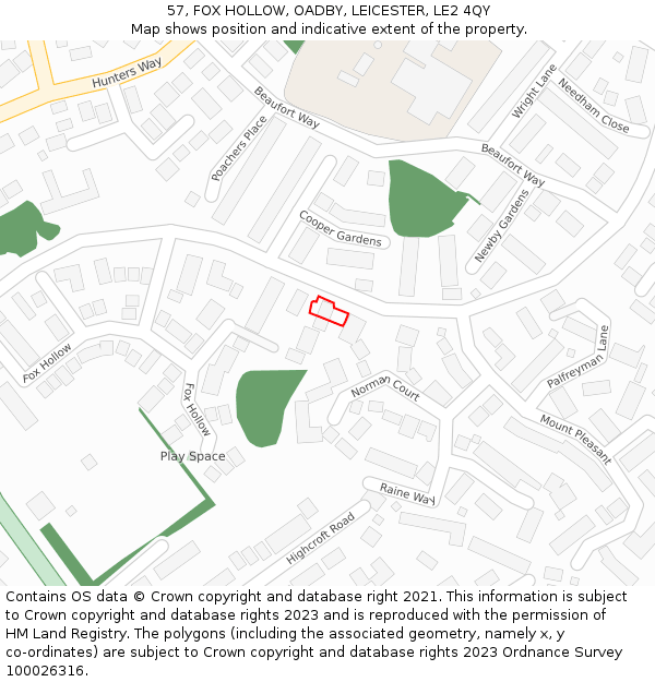 57, FOX HOLLOW, OADBY, LEICESTER, LE2 4QY: Location map and indicative extent of plot