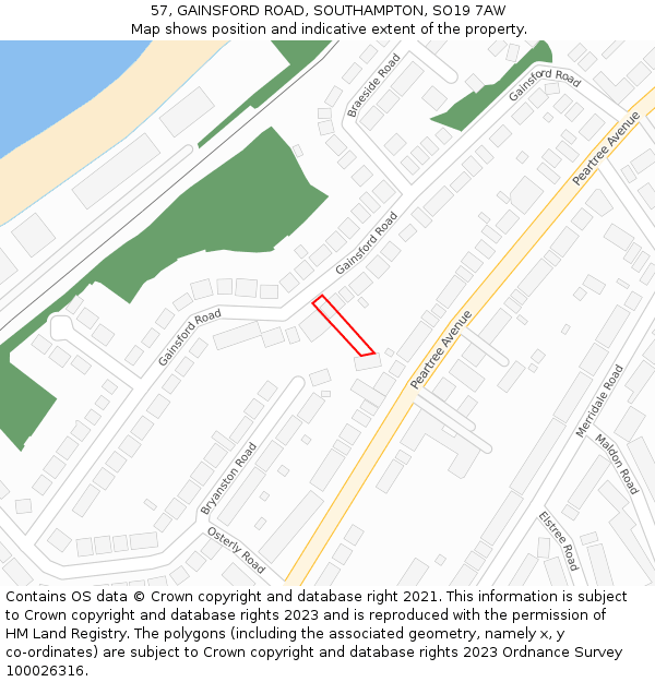 57, GAINSFORD ROAD, SOUTHAMPTON, SO19 7AW: Location map and indicative extent of plot