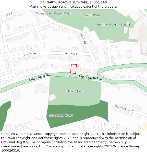 57, GARTH ROAD, BUILTH WELLS, LD2 3AS: Location map and indicative extent of plot