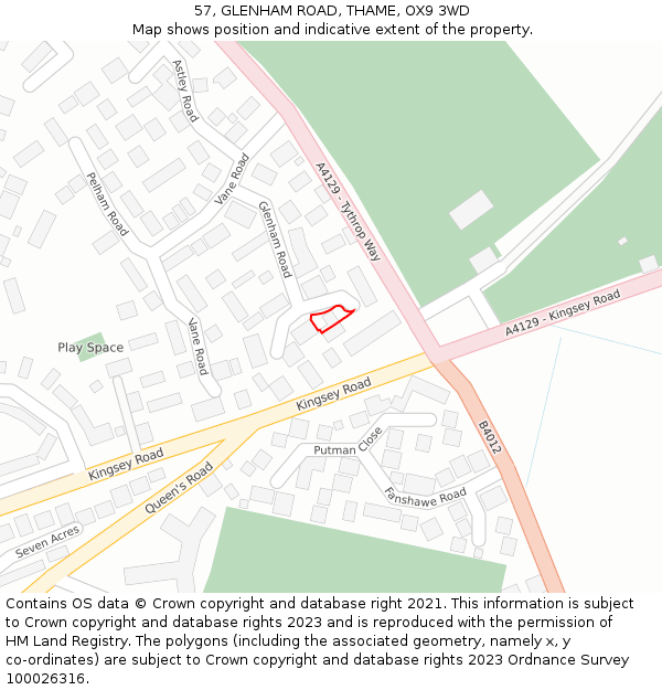 57, GLENHAM ROAD, THAME, OX9 3WD: Location map and indicative extent of plot