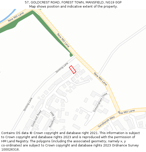 57, GOLDCREST ROAD, FOREST TOWN, MANSFIELD, NG19 0GP: Location map and indicative extent of plot