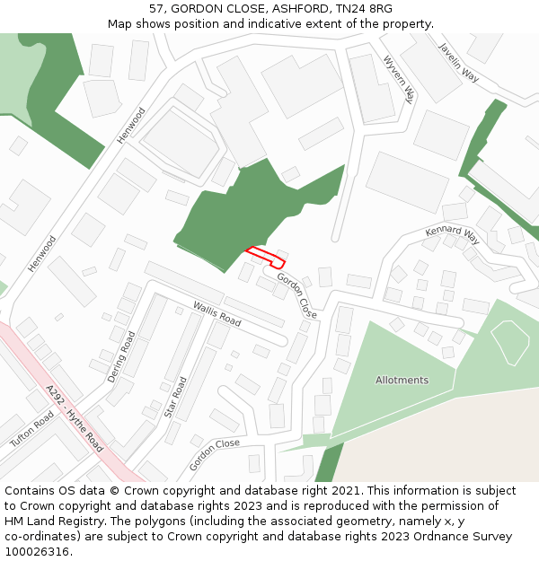 57, GORDON CLOSE, ASHFORD, TN24 8RG: Location map and indicative extent of plot
