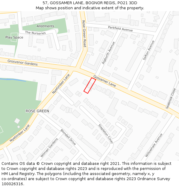 57, GOSSAMER LANE, BOGNOR REGIS, PO21 3DD: Location map and indicative extent of plot