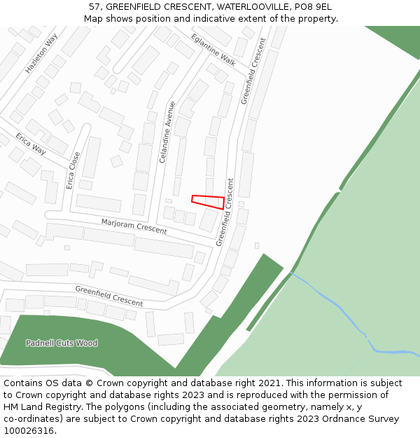 57, GREENFIELD CRESCENT, WATERLOOVILLE, PO8 9EL: Location map and indicative extent of plot