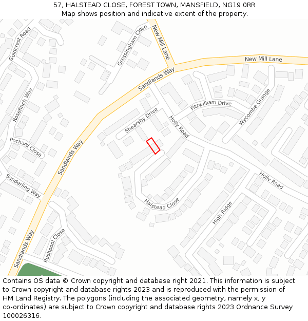 57, HALSTEAD CLOSE, FOREST TOWN, MANSFIELD, NG19 0RR: Location map and indicative extent of plot