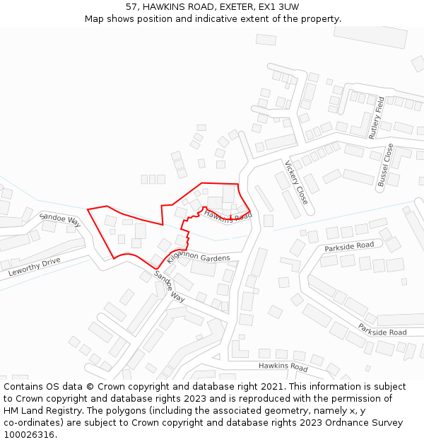 57, HAWKINS ROAD, EXETER, EX1 3UW: Location map and indicative extent of plot