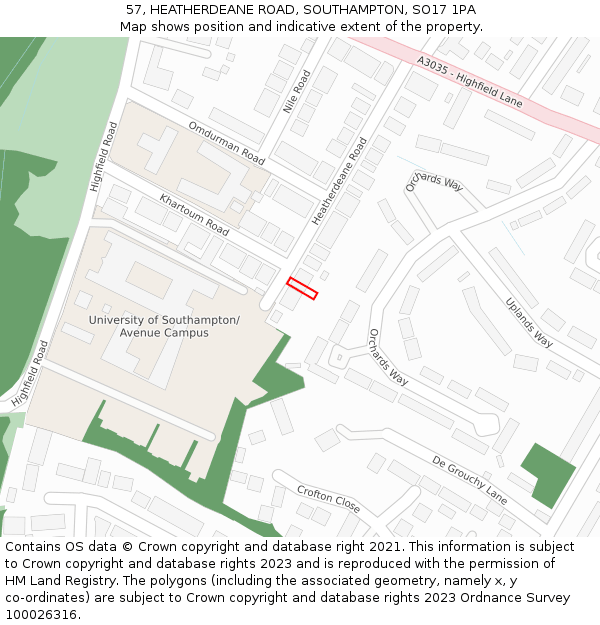 57, HEATHERDEANE ROAD, SOUTHAMPTON, SO17 1PA: Location map and indicative extent of plot