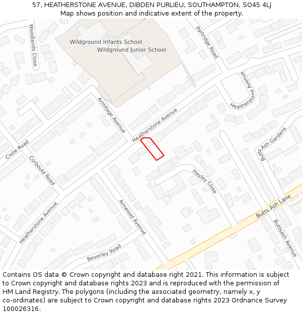 57, HEATHERSTONE AVENUE, DIBDEN PURLIEU, SOUTHAMPTON, SO45 4LJ: Location map and indicative extent of plot