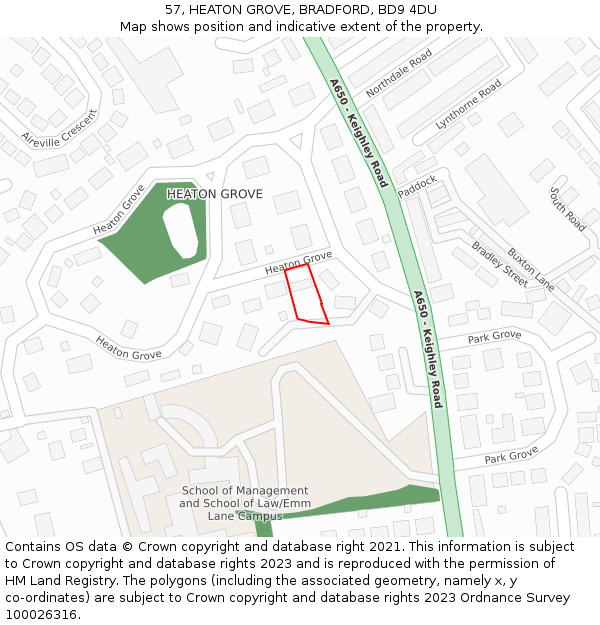 57, HEATON GROVE, BRADFORD, BD9 4DU: Location map and indicative extent of plot