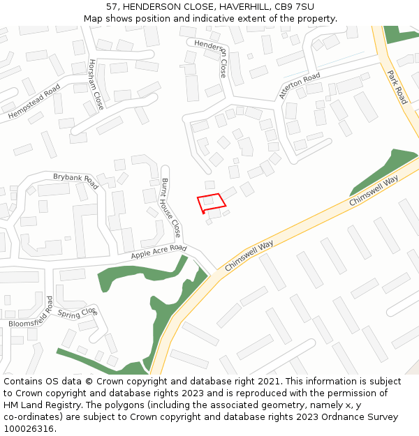 57, HENDERSON CLOSE, HAVERHILL, CB9 7SU: Location map and indicative extent of plot