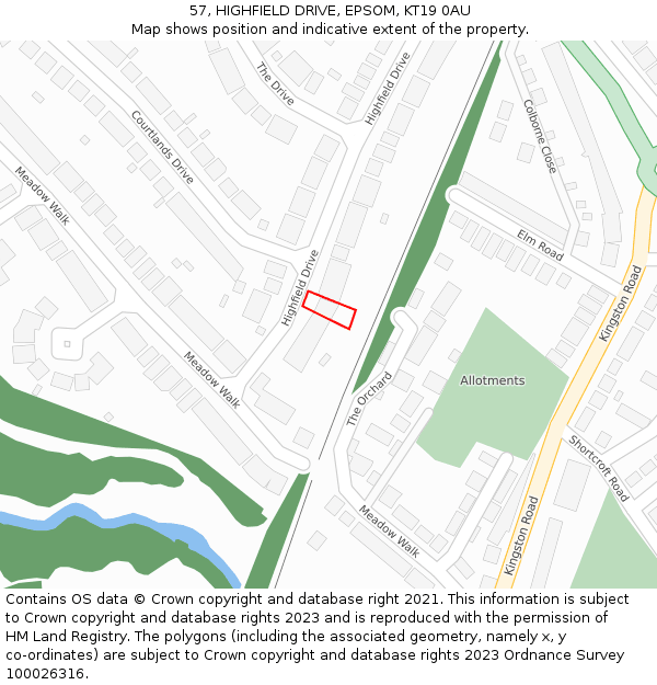 57, HIGHFIELD DRIVE, EPSOM, KT19 0AU: Location map and indicative extent of plot