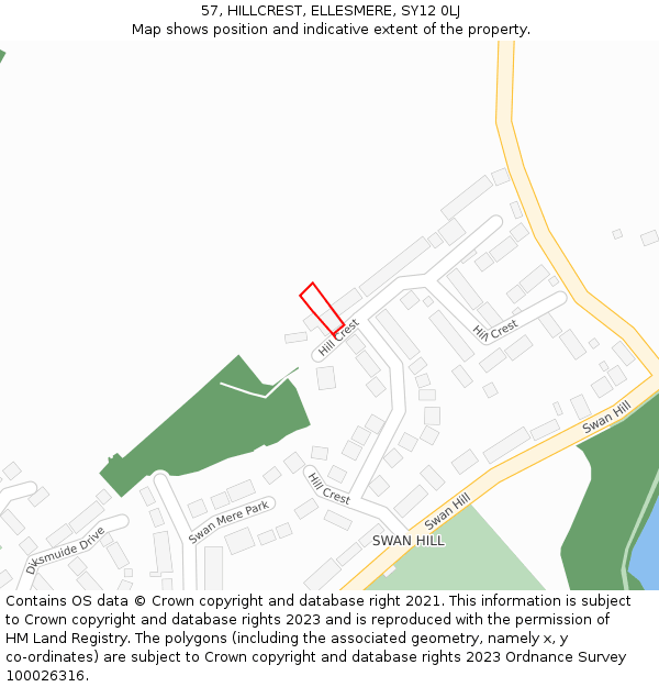 57, HILLCREST, ELLESMERE, SY12 0LJ: Location map and indicative extent of plot