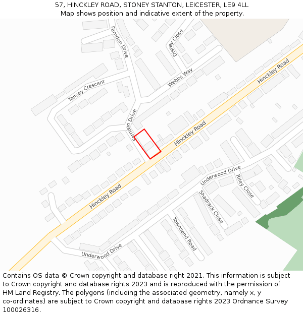 57, HINCKLEY ROAD, STONEY STANTON, LEICESTER, LE9 4LL: Location map and indicative extent of plot