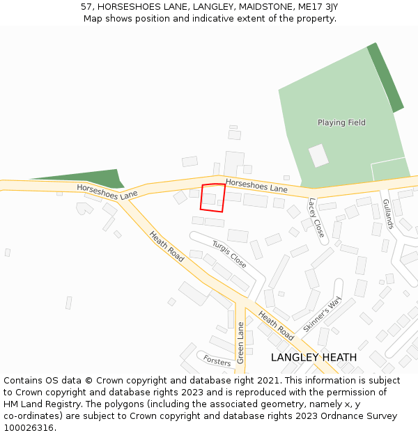 57, HORSESHOES LANE, LANGLEY, MAIDSTONE, ME17 3JY: Location map and indicative extent of plot