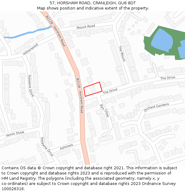 57, HORSHAM ROAD, CRANLEIGH, GU6 8DT: Location map and indicative extent of plot